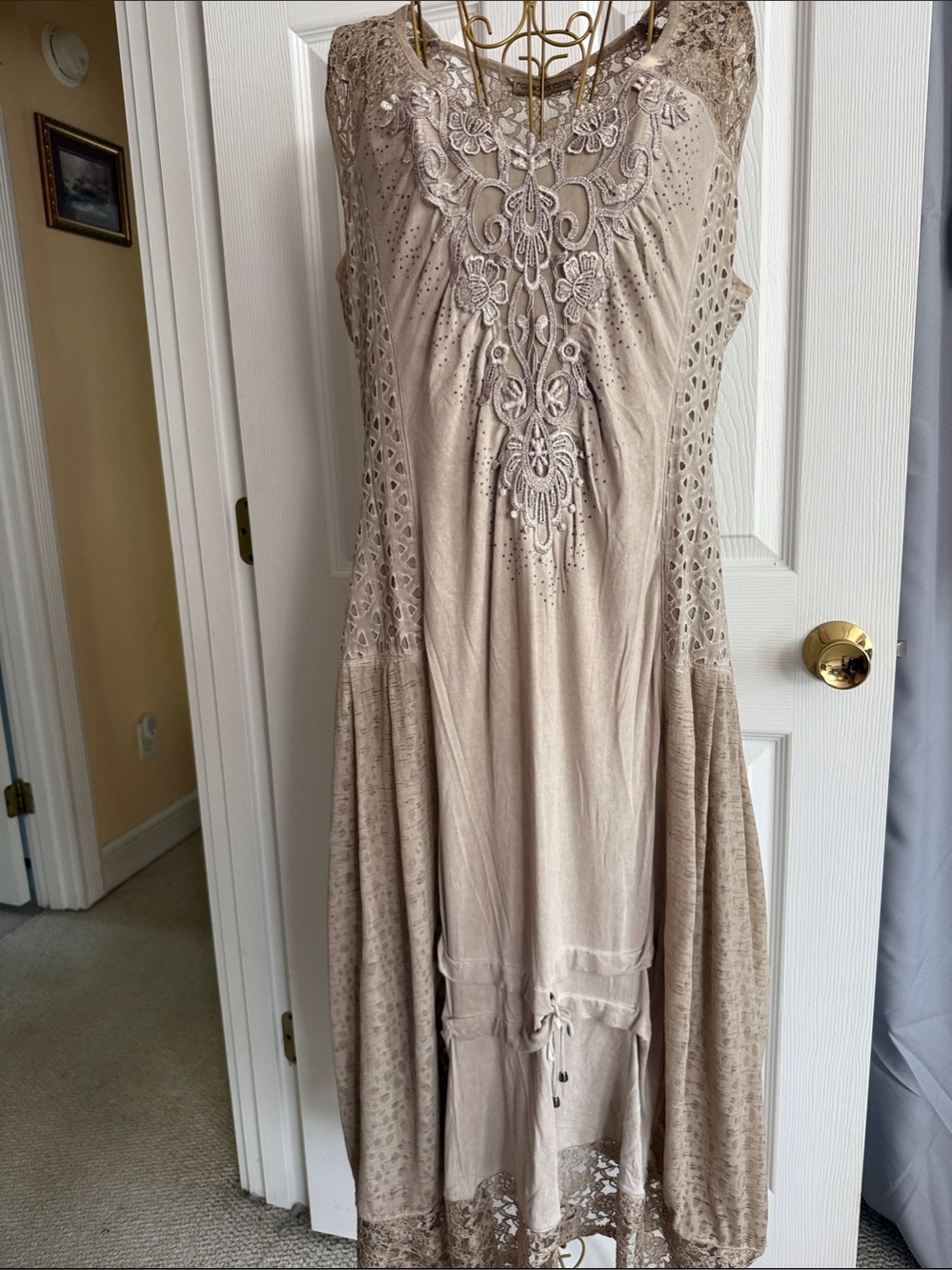 L Rosario Baressa vintage Sleeveless Lace-Trim Maxi Dress Beige lace boho sku60